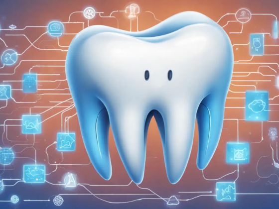 Imagem representativa de odontologia e Internet das Coisas, com um dente cerâmico grande cercado por símbolos azuis de IoT sobre um fundo de rede conectada.