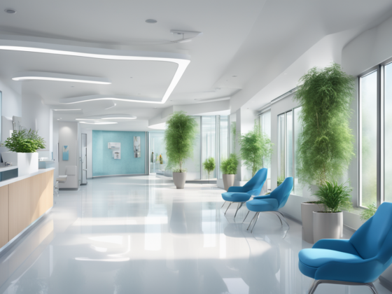 Clínica odontológica moderna e limpa, com interior em tons de branco, cadeiras azuis na sala de espera, plantas verdes e recepção de vidro - representando uma identidade visual profissional.