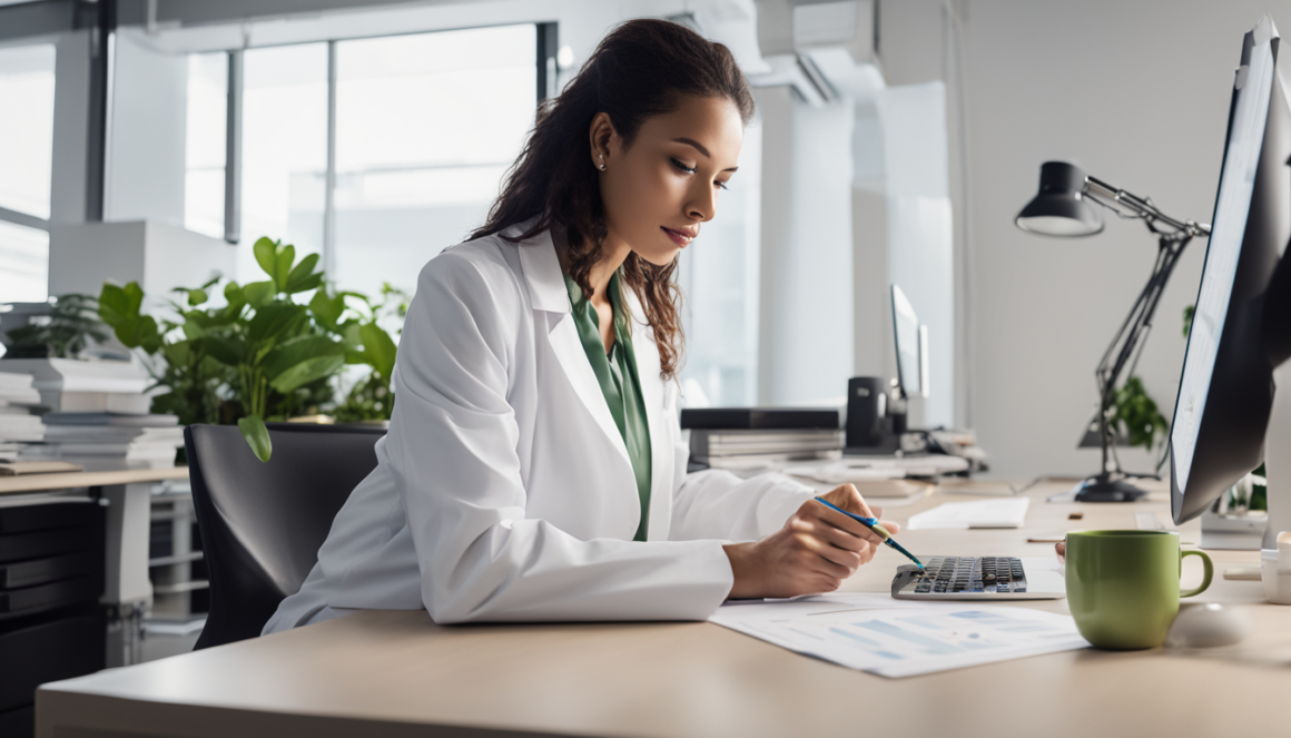 Médica profissional revisando gráficos de eficiência no computador em um ambiente de escritório organizado, práticas de gestão para clínicas.