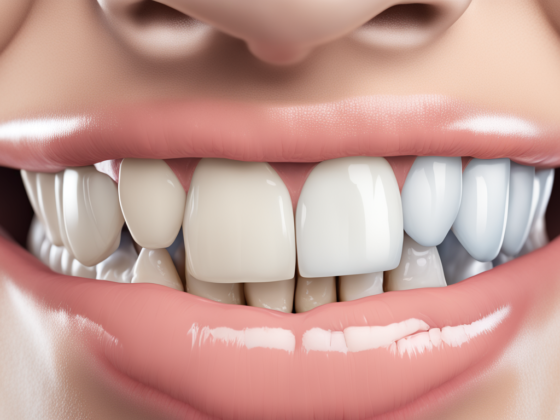 Imagem detalhada mostrando metade da boca de uma pessoa com dentes saudáveis e a outra metade com implantes dentários, representando as vantagens e desvantagens dos implantes dentários.