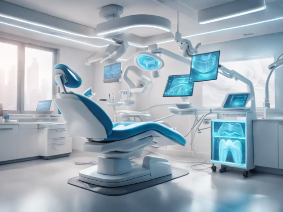 Imagem de uma clínica odontológica moderna com dentista usando equipamento a laser futurista e óculos de realidade aumentada, representando tecnologias emergentes para práticas odontológicas.