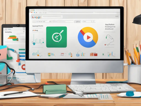 Imagem de um desktop com monitor exibindo a interface do Google Ads, estetoscópio e relatórios médicos ao lado, todos sobre uma mesa de madeira.