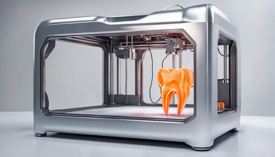 Impressora 3D prateada em processo de impressão de um modelo dental detalhado e semi-transparente, simbolizando a revolução da tecnologia 3D na odontologia.