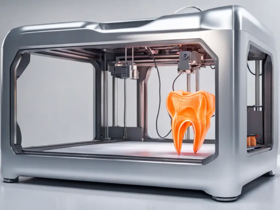 Impressora 3D prateada em processo de impressão de um modelo dental detalhado e semi-transparente, simbolizando a revolução da tecnologia 3D na odontologia.